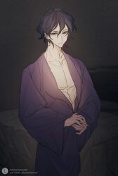  1boy black_hair chinese_commentary collarbone commentary_request cowboy_shot hair_between_eyes highres indoors jieqiu337 lofter_logo lofter_username long_sleeves male_focus own_hands_together partially_unbuttoned photo_background purple_robe robe saibou_shinkyoku solo utsugi_noriyuki wide_sleeves 