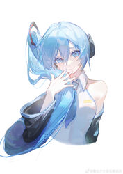  absurdres bare_shoulders black_sleeves blue_eyes blue_hair blue_necktie chinese_commentary closed_mouth collared_shirt commentary_request cropped_torso derivative_work detached_sleeves female fingernails hair_between_eyes hand_to_own_mouth hand_up hatsune_miku hatsune_miku_(noodle_stopper) head_tilt highres light_smile long_hair long_sleeves looking_at_viewer meme mofashaonu_zidong_fanmaiji necktie photo-referenced shirt side_ponytail sidetail_miku_noodle_stopper_(meme) simple_background sleeveless sleeveless_shirt solo vocaloid white_background white_shirt wide_sleeves 