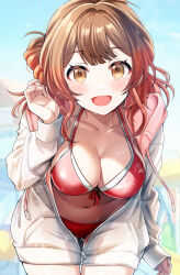  absurdres bikini blurry blurry_background blush breasts brown_eyes brown_hair cleavage commentary_request cowboy_shot female front-tie_bikini_top front-tie_top gakuen_idolmaster gradient_hair hair_bun hanami_ume hand_up highres idolmaster jacket large_breasts leaning_forward long_sleeves looking_at_viewer multicolored_hair navel open_mouth partially_unzipped popon_ta red_bikini red_hair short_hair single_side_bun smile solo swimsuit white_jacket 