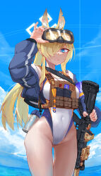  39iax absurdres animal_ear_fluff animal_ears assault_rifle blonde_hair blue_archive blue_eyes blue_halo blue_jacket bulletproof_vest competition_swimsuit covered_navel dog_ears dog_girl extra_ears female goggles goggles_on_head gun hair_over_one_eye halo hand_up highleg highleg_one-piece_swimsuit highres holding holding_goggles jacket kanna_(blue_archive) kanna_(swimsuit)_(blue_archive) long_hair magazine_(object) notched_ear ocean one-piece_swimsuit open_clothes open_jacket purple_armband red_whistle rifle sharp_teeth swimsuit teeth weapon whistle whistle_around_neck white_one-piece_swimsuit 