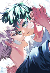  2boys bakugou_katsuki bandaid bandaid_on_cheek bandaid_on_face black_shirt blonde_hair boku_no_hero_academia freckles green_eyes green_hair hair_between_eyes highres male_focus midoriya_izuku multiple_boys open_mouth red_eyes shirt short_hair spiked_hair ume_(326310) yaoi 