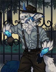  anthro artfight2024 blue_body blue_fur cigarette clothing draconic dusk fedora fence formal_wear fur gloves greaserdemon handwear hat headgear headwear hi_res horn leaning_on_fence long_tail male mane original_character(s) park plant scalie scenery shaded_background smoking suspenders tail team_stardust tree twilight white_body white_fur zero_pictured 