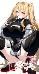  black_gloves black_leotard black_thighhighs blonde_hair blush breasts commission commissioner_name darjeeling_(reley) female gloves hair_between_eyes hair_ornament highleg highleg_leotard highres large_breasts leotard long_hair looking_at_viewer numako_(pizza_kanon) original phantasy_star phantasy_star_online_2 red_eyes second-party_source signature simple_background skeb_commission solo squatting thank_you thighhighs thighs tongue tongue_out twintails white_background 