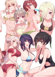  6+girls ahoge asaka_karin ass bikini black_bikini black_hair blonde_hair blue_bikini blue_eyes breasts brown_hair clothing_cutout comiket_104 cream_(nipakupa) drill_hair emma_verde flower food gold_bikini green_bikini green_eyes grin hair_flower hair_ornament hair_over_one_eye hair_ribbon hairclip hand_in_own_hair hand_on_own_chin happy holding holding_food holding_popsicle huge_breasts jewelry konoe_kanata large_breasts long_hair looking_at_viewer love_live! love_live!_nijigasaki_high_school_idol_club medium_breasts medium_hair mia_taylor miyashita_ai multicolored_hair multiple_girls nakasu_kasumi navel necklace orange_eyes pink_hair popsicle purple_eyes red_bikini red_eyes ribbon short_hair side_ponytail sideboob small_breasts smile stomach_cutout swimsuit takasaki_yu twin_drills twintails two-tone_hair underboob v white_background yellow_eyes zhong_lanzhu 