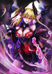  bare_shoulders black_horns black_wings blonde_hair breasts cleavage cowboy_shot demon_girl demon_horns demon_wings duel_monster female highres horns lacrima_the_scarlet_sorrow large_breasts pointy_ears red_eyes shiina_aono solo two_side_up wings yu-gi-oh! 