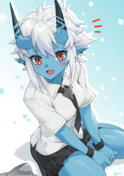  blue_background blue_body blue_skin blush bottomwear clothing demon demon_humanoid female hair hi_res horn humanoid linreplica mihoyo necktie prick_ears red_eyes shirt simple_background skirt solo soukaku topwear white_hair zenless_zone_zero 