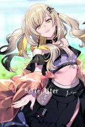  bare_shoulders belt black_skirt bra bracelet breasts character_name cleavage crop_top detached_collar earrings echo_(circa) fate/grand_order fate_(series) female gradient_hair grey_hair grin hair_ornament hairclip jewelry long_hair long_skirt looking_at_viewer marie_antoinette_(alter)_(exhibition_attire)_(fate) marie_antoinette_(alter)_(fate) marie_antoinette_(fate) medium_breasts midriff multicolored_hair sash sidelocks skirt smile solo two_side_up underwear white_bra white_hair yellow_eyes 