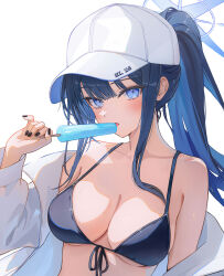  baseball_cap bikini black_bikini blue_archive blue_eyes blue_hair breasts female food funii halo hat highres long_sleeves open_clothes open_shirt ponytail popsicle saori_(blue_archive) saori_(swimsuit)_(blue_archive) shirt simple_background solo swimsuit upper_body white_background white_hat white_shirt 