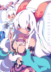  2girls bare_shoulders between_breasts blue_eyes blush breasts clothing_cutout dangomushi detached_sleeves drop_shadow hair_between_eyes horns large_breasts long_hair looking_at_viewer multiple_girls navel navel_cutout red_horns road_to_dragons shoulder_blush smile very_long_hair 