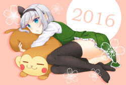  2016 black_bow black_hairband black_thighhighs blue_eyes bob_cut bow commentary_request female frilled_skirt frills full_body green_skirt green_vest grey_hair hairband hairbow hugging_object konpaku_youmu kuroneko13x legs long_sleeves lying on_side pillow pillow_hug pink_background shirt short_hair skirt solo stuffed_animal stuffed_toy thighhighs touhou vest white_shirt 