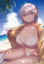  @_@ ahoge arm_support beach bikini blue_sky breasts cleavage clothes_lift collarbone dutch_angle female front-tie_bikini_top front-tie_top hair_between_eyes hair_ornament hashtag-only_commentary highres hiyori_uwamura horizon jacket jacket_lift kamio_fukuchi large_breasts long_hair looking_at_viewer lying marine_day on_side open_clothes open_jacket parted_lips purple_eyes side-tie_bikini_bottom sky solo swimsuit viewfinder white_bikini white_hair x_hair_ornament yellow_jacket yowa_yowa_sensei 