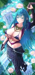  ahoge amano_nene_(vtuber) bikini bikini_top_only black_pants blue_hair breasts cleavage closed_mouth collar commission cosplay covered_nipples dark_blue_hair detached_sleeves dragon_age dragon_age:_origins eeyoosekedooaat female highres large_breasts long_hair looking_at_viewer micro_bikini midriff morrigan_(dragon_age) morrigan_(dragon_age)_(cosplay) navel pants production_kawaii skeb_commission smile solo string_bikini swimsuit very_long_hair virtual_youtuber 