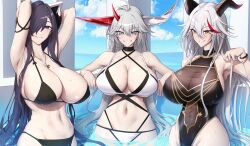  3girls :&gt; aegir_(azur_lane) antenna_hair armpits arms_behind_head arms_up august_von_parseval_(azur_lane) azur_lane bikini black_bikini black_choker black_horns black_one-piece_swimsuit bracelet braid breasts choker covered_navel cross grey_eyes grin groin hair_over_one_eye hakuryuu_(azur_lane) highres horns huge_breasts iron_cross jewelry long_hair looking_at_viewer multicolored_hair multiple_girls navel necklace one-piece_swimsuit pov purple_eyes purple_hair red_hair shiroshisu slit_pupils smile stomach streaked_hair swimsuit upper_body very_long_hair water wet white_bikini white_hair 