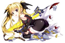  armored_boots armored_gloves ass bardiche_(nanoha) bardiche_(straight_saber_form)_(nanoha) black_dress black_gloves blonde_hair boots broken broken_sword broken_weapon dress elbow_gloves energy_sword fate_testarossa fate_testarossa_(blaze_iii) female fujima_takuya full_body gloves kneeling layered_gloves lyrical_nanoha magical_girl mahou_shoujo_lyrical_nanoha_detonation official_art open_mouth solo sword tenka_hyakken thighhighs torn_clothes torn_thighhighs twintails unworn_cape weapon 