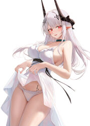  alternate_costume arknights armpit_crease bare_shoulders black_choker black_horns blush breasts choker cleavage clothes_lift collarbone commentary cowboy_shot dress dress_lift female hair_ornament highres horns large_breasts long_hair looking_at_viewer mudrock_(arknights) open_mouth panties pointy_ears red_eyes ru_zhai sideboob simple_background solo standing underwear white_background white_dress white_hair white_panties 