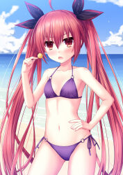  ahoge beach bikini blue_sky breasts candy chupa_chups cloud contrapposto date_a_live female food hair_between_eyes hair_ribbon itsuka_kotori long_hair looking_at_viewer navel ocean open_mouth outdoors purple_bikini red_eyes red_hair ribbon side-tie_bikini_bottom sky small_breasts solo swimsuit thighhighs twintails user_tyrk5285 