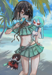  absurdres aqua_bikini bare_shoulders beach bikini black_hair breasts brown_eyes fate/grand_order fate_(series) female food hair_over_one_eye highres looking_to_the_side mole mole_under_eye navel open_mouth palm_tree popsicle sabamiso_taro shore short_hair small_breasts solo stuffed_toy swimsuit thighs tree xu_fu_(fate) xu_fu_(swimsuit)_(fate) yu_mei-ren_(fate) 