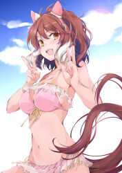  :d animal_ears bikini blue_sky breasts brown_hair cleavage cloud commentary_request dantsu_flame_(umamusume) day double_v ear_covers female horse_ears horse_girl horse_tail looking_at_viewer medium_breasts multicolored_hair navel open_mouth outdoors pink_bikini short_hair sky smile solo swimsuit tail teeth two-tone_hair umamusume upper_teeth_only v white_hair yumesato_makura 