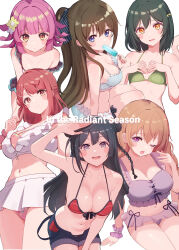  6+girls bikini black_hair blue_bikini blue_eyes bow braid breasts brown_hair cleavage comiket_104 cream_(nipakupa) flower food food_in_mouth frilled_bikini frills green_bikini grey_eyes hair_bun hair_flower hair_ornament hairbow hairclip hands_on_own_chest holding holding_food holding_popsicle konoe_kanata large_breasts leaning_forward looking_at_viewer love_live! love_live!_nijigasaki_high_school_idol_club medium_breasts mifune_shioriko multiple_girls navel one_eye_closed orange_hair osaka_shizuku pink_hair ponytail popsicle popsicle_in_mouth purple_bikini purple_eyes red_bikini red_eyes salute single_braid single_side_bun sleepy small_breasts smile strap_slip swimsuit tennoji_rina uehara_ayumu white_background white_bikini yellow_eyes yuki_setsuna_(love_live!) 