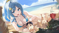  absurdres alternate_hairstyle auguste barefoot beach bikini blue_bikini blue_hair bottle breasts buried character_doll cleavage collarbone day dutch_angle female full_body hair_ornament hair_ribbon hairpin hand_on_another&#039;s_head highres lying make_heroine_ga_oo_sugiru! medium_breasts medium_hair nukumizu_kazuhiko o-ring o-ring_bikini ocean oerba_yun_fang on_side open_mouth outdoors ponytail ribbon sand sand_castle sand_sculpture shovel skin_fang smile solo swimsuit yanami_anna yellow_ribbon 