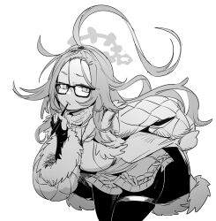  absurdres ahoge bangs_pinned_back bent_over blue_archive breasts coat ddari female forehead fur-trimmed_coat fur_trim glasses greyscale halo highres holding holding_stylus huge_ahoge large_breasts long_hair mask mask_around_neck meru_(blue_archive) monochrome pantyhose solo stylus sweater thigh_strap turtleneck turtleneck_sweater white_background 