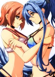  2girls akane_kazami bikini blue_bikini blue_eyes blue_hair breast_press breasts brown_hair cleavage commission eiyuu_densetsu hajimari_no_kiseki highleg highleg_bikini highres hug laura_s._arseid long_hair looking_at_another multiple_girls noel_seeker ponytail short_hair side-tie_bikini_bottom skeb_commission swimsuit very_long_hair white_bikini yellow_eyes yuri 