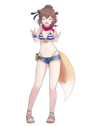  bikini blue_archive breasts brown_hair closed_eyes cosplay cutoffs denim denim_shorts female fox_shadow_puppet fox_tail front-tie_top full_body highleg highleg_bikini highres izuna_(blue_archive) izuna_(blue_archive)_(cosplay) izuna_(swimsuit)_(blue_archive) kantai_collection micro_shorts navel open_mouth red_scarf scarf short_hair shorts small_breasts smile solo speaking_tube_headset striped_bikini striped_clothes swimsuit tail yuki_4040 yukikaze_(kancolle) yukikaze_kai_ni_(kancolle) 