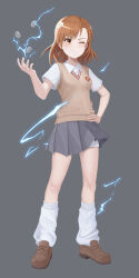  ;) absurdres breasts brown_eyes brown_footwear brown_hair brown_sweater_vest closed_mouth clothes_lift coin collared_shirt commentary_request electricity electrokinesis female full_body grey_background grey_skirt hand_on_own_hip highres loafers looking_at_viewer loose_socks medium_hair misaka_mikoto naeaemgung one_eye_closed pleated_skirt school_emblem school_uniform shirt shoes short_sleeves shorts simple_background skirt skirt_lift smile socks solo standing summer_uniform sweater_vest toaru_kagaku_no_railgun toaru_majutsu_no_index tokiwadai_school_uniform white_shirt white_shorts white_socks wind wind_lift 