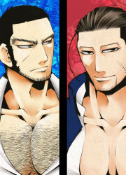  2boys artist_request bara beard_stubble buzz_cut facial_hair golden_kamuy large_pectorals long_sideburns looking_to_the_side loose_hair_strand male_focus mature_male multiple_boys muscular muscular_male nipples ogata_hyakunosuke pectoral_cleavage pectorals serious short_hair sideburns smile sparse_chest_hair split_screen stubble tanigaki_genjirou thick_chest_hair thick_eyebrows upper_body very_short_hair 