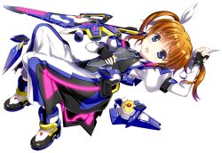  black_gloves broken broken_weapon brown_hair female fingerless_gloves fujima_takuya full_body gloves hand_on_own_stomach layered_clothes looking_at_viewer lying lyrical_nanoha magical_girl mahou_shoujo_lyrical_nanoha_detonation official_art on_back raising_heart raising_heart_streamer solo takamachi_nanoha takamachi_nanoha_(formula_ii) tenka_hyakken torn_clothes torn_gloves twintails weapon 