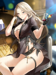  belt bikini black_bikini black_gloves black_shirt blonde_hair blurry bokeh breasts brown_hair chair cleavage closers criss-cross_halter cup depth_of_field drinking_glass female gloves gradient_hair halterneck hands_up harpy_(closers) highres holding holding_cup large_breasts long_hair looking_ahead mole mole_under_eye multi-strapped_bikini_bottom multicolored_hair non-web_source official_art open_mouth see-through shirt short_sleeves side-tie_bikini_bottom sitting solo string_bikini swimsuit thigh_strap thighs wet wine_glass 