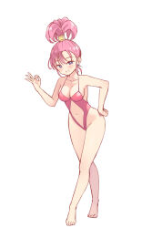  barefoot breasts casual_one-piece_swimsuit cleavage clothing_cutout dragon_quest dragon_quest_iii female full_body grin hand_on_own_hip highres leaning_forward long_hair medium_breasts merchant_(dq3) navel navel_cutout ok_sign one-piece_swimsuit pink_hair purple_eyes red_one-piece_swimsuit revealing_swimsuit_(dq) simple_background smile solo swimsuit tenjou_ryuka white_background 