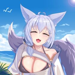  :3 :d ^_^ ahoge animal_ears arknights beach blue_sky blush breasts cleavage closed_eyes cloud day facing_viewer female heart heart_ahoge highres large_tail ocean oerba_yun_fang official_alternate_costume open_mouth outdoors provence_(arknights) provence_(casual_vacation)_(arknights) purple_hair rua_(sxys7245) shirt single_bare_shoulder sky smile solo tail upper_body water white_shirt wolf_ears wolf_tail 