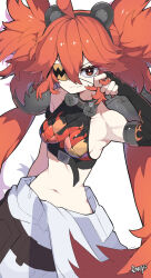  animal_ears breasts closed_mouth crop_top eyepatch fake_animal_ears female flame_print garib_(gari_gari_1) headband highres koleda_belobog long_hair looking_at_viewer medium_breasts midriff navel orange_eyes orange_hair solo standing twintails very_long_hair white_background zenless_zone_zero 