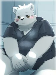  2024 anthro bear blush humanoid_hands jinbei_(clothing) kemono male mammal menmen_kesinn overweight overweight_male polar_bear sitting solo ursine 