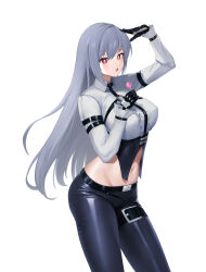  :o arm_belt arm_up belt black_gloves black_pants breasts bright_pupils candy center_frills chest_harness closers collared_shirt contrapposto cowboy_shot crop_top female food frills gloves grey_hair grey_shirt hand_up harness highres holding holding_candy holding_food holding_lollipop large_breasts lollipop long_hair long_sleeves looking_at_viewer midriff mirae_(closers) navel non-web_source official_art open_mouth pants red_eyes salute shiny_clothes shirt simple_background solo standing stomach thigh_strap underbust very_long_hair white_background 