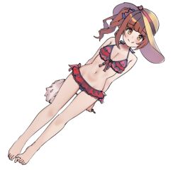  aa211108 arms_behind_back bare_legs bare_shoulders barefoot bikini blunt_bangs blush breasts brown_hair cleavage closed_mouth collarbone dot_nose duster dutch_angle female frilled_bikini frills hair_ribbon hat hat_ribbon head_tilt holding holding_duster idolmaster idolmaster_cinderella_girls idolmaster_cinderella_girls_starlight_stage igarashi_kyoko light_smile looking_at_viewer medium_breasts navel red_bikini red_ribbon ribbon side-tie_bikini_bottom side_ponytail sidelocks simple_background solo standing straw_hat swimsuit white_background yellow_eyes 