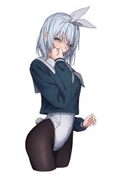  bang_dream! black_pantyhose blue_eyes blue_shirt blush bunny_day character_name commentary embarrassed fake_tail female grey_neckerchief hair_ribbon hand_up highres kurata_mashiro leotard leotard_under_clothes long_sleeves looking_at_viewer medium_hair neckerchief pantyhose rabbit_tail ribbon sailor_collar school_uniform shirt simple_background solo sou_(kanade_3344) spot_color symbol-only_commentary tail tsukinomori_school_uniform white_background white_hair white_leotard white_sailor_collar 