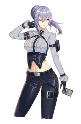  arm_belt belt belt_pouch between_fingers black_gloves black_pants blue_eyes breasts card center_frills chest_harness closers collared_shirt crop_top cropped_legs female frilled_shirt frills gloves grey_hair grey_shirt grin hand_up harness harpy_(closers) highres holding holding_card long_hair long_sleeves looking_to_the_side medium_breasts midriff mole mole_under_eye navel non-web_source official_art pants ponytail pouch shirt smile solo stomach thigh_strap underbust 