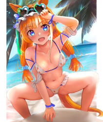  absurdres akikawa_yayoi_(umamusume) animal_ears beach bead_bracelet beads bikini blue_sky bracelet breasts commentary_request eyewear_on_head female heart heart-shaped_eyewear highres horse_ears horse_girl horse_tail jewelry kokoa_ninniku long_hair looking_at_viewer medium_breasts ocean open_mouth orange_hair outdoors palm_tree print_bikini sky solo squatting sunglasses swimsuit tail tree umamusume white_bikini 