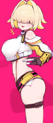  absurdres blonde_hair breasts crop_top elegg_(nikke) female fingerless_gloves from_side garib_(gari_gari_1) gloves goddess_of_victory:_nikke hair_intakes highres large_breasts long_bangs looking_at_viewer medium_hair midriff pink_background purple_eyes shirt short_shorts shorts smile solo standing strap thick_thighs thighs white_shirt 