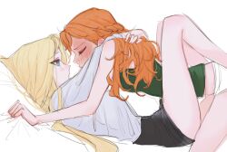  2girls anna_(frozen) arms_around_neck between_legs black_skirt blonde_hair blue_eyes blush camisole closed_eyes closed_mouth commentary_request contemporary ear_blush elsa_(frozen) frozen_(disney) frozen_1022 full-face_blush green_camisole half_up_braid incest korean_commentary leg_lock long_hair long_sleeves looking_at_another multiple_girls orange_hair panties shirt siblings simple_background sisters skirt underwear white_background white_panties white_shirt yuri 