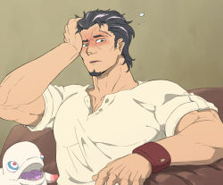  1boy :d arm_up bara beard black_hair blush bracelet brown_background collarbone couch decadence_(anime) facial_hair grey_hair haku_(pixiv_98785262) hand_on_own_head indoors jewelry kaburagi_(decadence) male_focus multicolored_hair muscular muscular_male open_collar pectorals pipe_(decadence) red_eyes red_wristband sharp_teeth shirt short_sleeves sitting smile streaked_hair teeth two-tone_hair white_shirt wristband 