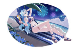  arm_up bare_legs bare_shoulders beach beach_chair bikini blue_bikini blue_eyes blue_flower blue_hair breasts cleavage closed_mouth closers cup female flower hair_flower hair_ornament halterneck hand_up highres holding holding_cup jewelry large_breasts long_hair looking_at_viewer lying nail_polish navel_piercing night non-web_source o-ring o-ring_bikini official_art on_back outdoors parted_bangs piercing sandals smile solo stomach swimsuit thighlet thighs toenail_polish toenails tropical_drink very_long_hair violet_(closers) wristband 