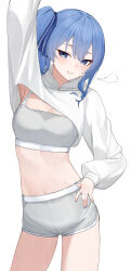  absurdres arm_up armpit_peek armpits blue_eyes blue_hair blue_nails breasts cowboy_shot cropped_sweater female gym_uniform highres hololive hoshimachi_suisei looking_at_viewer nail_polish raeis simple_background smile solo sports_bra standing sweat virtual_youtuber white_background 