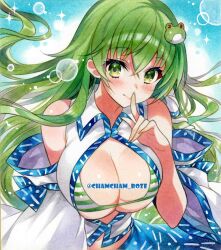  bare_shoulders bikini bikini_under_clothes blush breasts breasts_out chacham cleavage detached_sleeves female finger_to_mouth frog_hair_ornament green_bikini green_eyes green_hair hair_ornament kochiya_sanae large_breasts long_hair navel shirt solo swimsuit touhou upper_body white_shirt white_sleeves wide_sleeves 