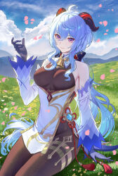  ahoge armpit_crease backlighting bare_shoulders bell blue_hair blue_sky bodystocking breasts cloud cloudy_sky day detached_sleeves falling_petals female fine_fabric_emphasis flower_knot ganyu_(genshin_impact) genshin_impact goat_horns gold_trim grass grasslands hair_between_eyes hand_up highres horns light_smile long_hair longyu_(17767756) looking_at_viewer medium_breasts mountainous_horizon neck_bell outdoors pelvic_curtain petals purple_eyes sitting sky solo tassel very_long_hair vision_(genshin_impact) 