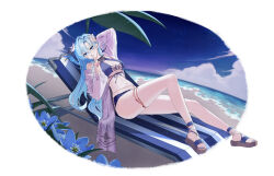  arm_up bare_legs bare_shoulders beach beach_chair bikini blue_bikini blue_eyes blue_flower blue_hair breasts cleavage closers female finger_to_mouth flower hair_flower hair_ornament halterneck hand_up highres jacket jewelry large_breasts long_hair looking_at_viewer lying nail_polish navel_piercing night non-web_source off_shoulder official_art on_back open_clothes open_jacket outdoors parted_bangs piercing pink_jacket sandals see-through shushing solo stomach swimsuit thighlet thighs toenail_polish toenails very_long_hair violet_(closers) 