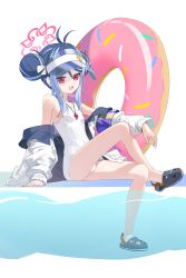  :3 :d absurdres antenna_hair arm_support ass black_hair blue_archive commentary_request crossed_legs double_bun doughnut_innertube female fubuki_(blue_archive) fubuki_(swimsuit)_(blue_archive) hair_between_eyes hair_bun halo highres jacket long_hair looking_at_viewer multicolored_clothes multicolored_hair multicolored_jacket official_alternate_costume official_alternate_hairstyle open_clothes open_jacket pool poolside purple_armband red_eyes sidelocks simple_background sitting slippers smile solo streaked_hair taktori two-tone_hair two-tone_jacket visor_cap whistle whistle_around_neck white_background 