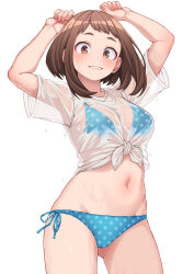  absurdres arms_up bikini bikini_under_clothes blue_bikini boku_no_hero_academia breasts brown_eyes brown_hair cameltoe commentary_request female highres kobaji navel polka_dot polka_dot_bikini see-through shirt simple_background solo swimsuit tied_shirt uraraka_ochako wet wet_clothes wet_shirt white_background 